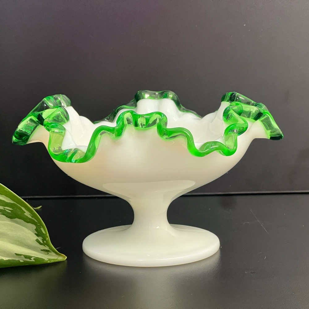 Fenton Footed Candy Dish Milk Glass Ruffle Edge Emerald Crest 1950s